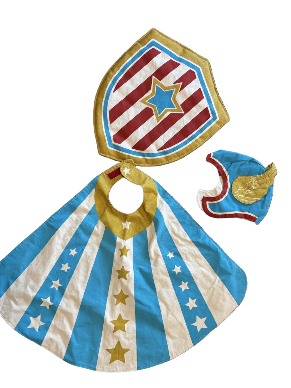 3 piece Whimsy SuperHero Set blue,
Red, white- shield, cape, helmet- reverses - Picture 2 of 6